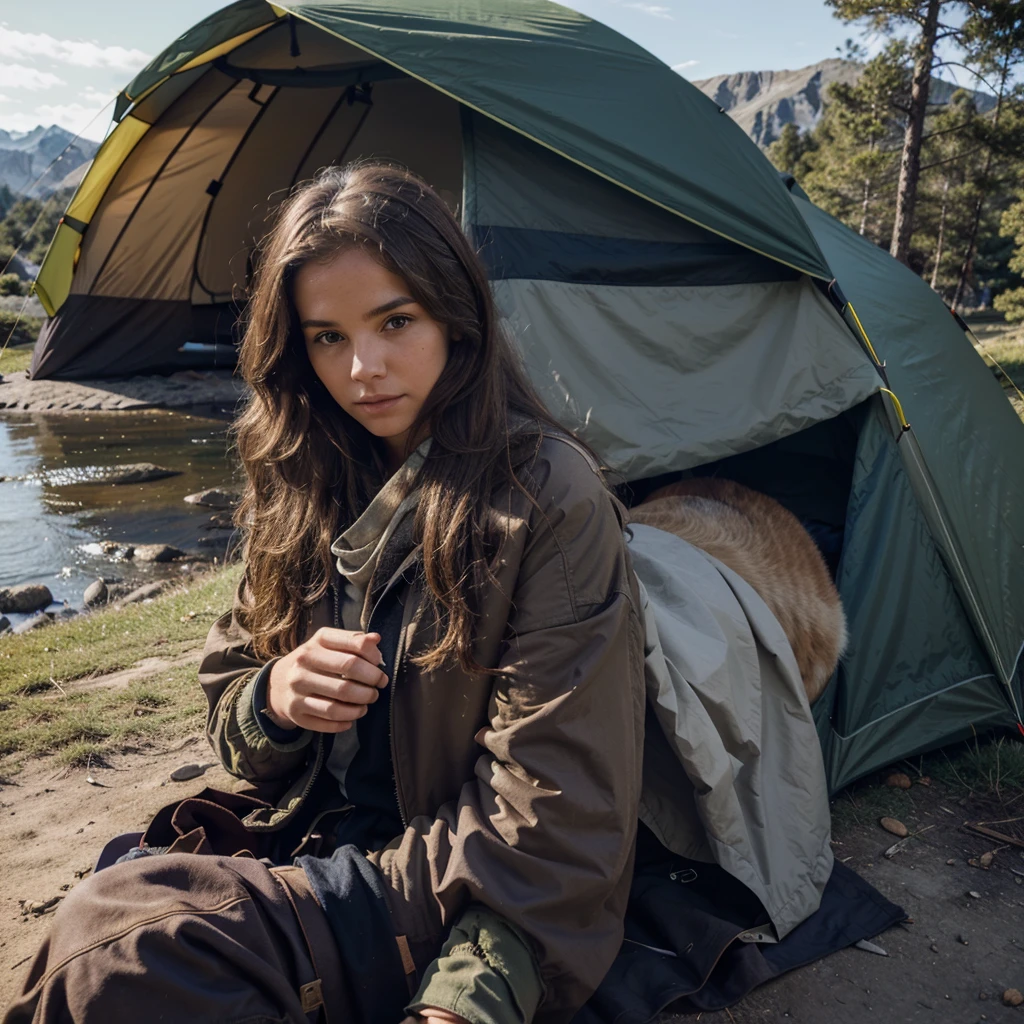 Camping en plein air, 1fille, bare, Longhaire, brown-hair, manches longues, holding, fingerless gloves, session, jacket, outdoors jacket, cloak, animal, A dog, Tent, campfire, on the edge of the river, mountain, blue sky, jour, realistic,