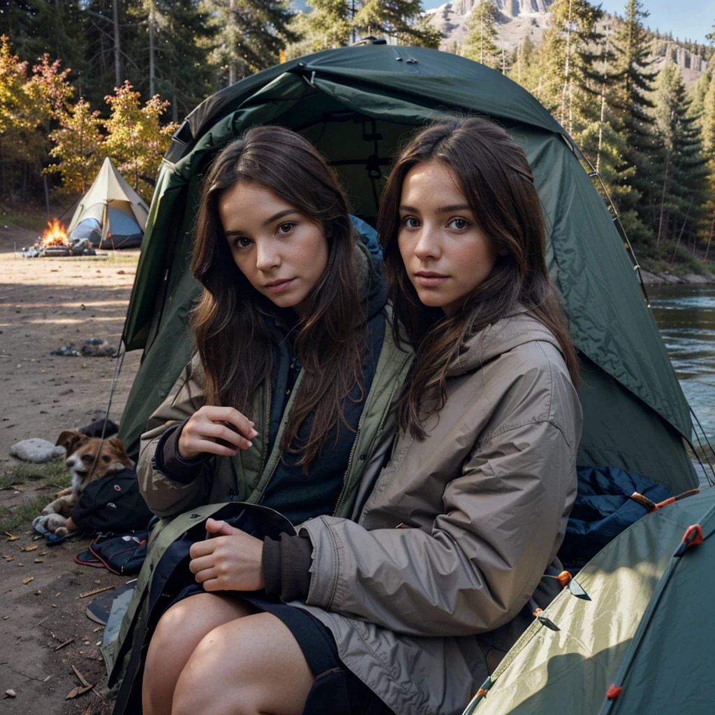 Camping en plein air, 1fille, bare, Longhaire, brown-hair, manches longues, holding, fingerless gloves, session, jacket, outdoors jacket, cloak, animal, A dog, Tent, campfire, on the edge of the river, mountain, blue sky, jour, realistic,