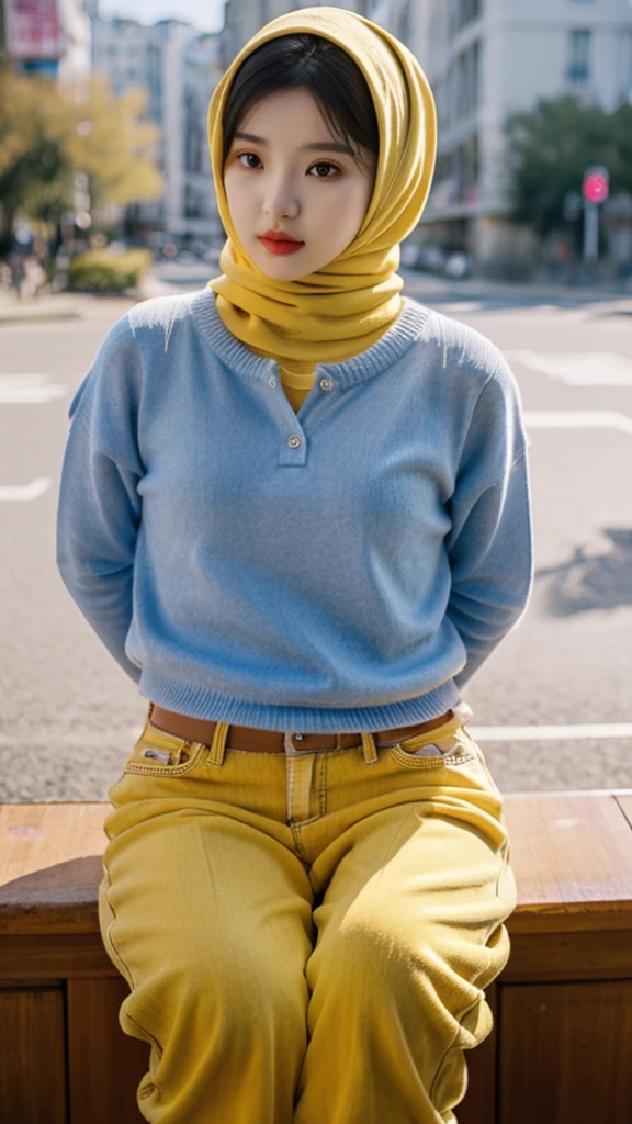 Beautiful Korean girl wearing a light blue long-sleeved shirt wearing a full high yellow hijab wearing tight pink jeans