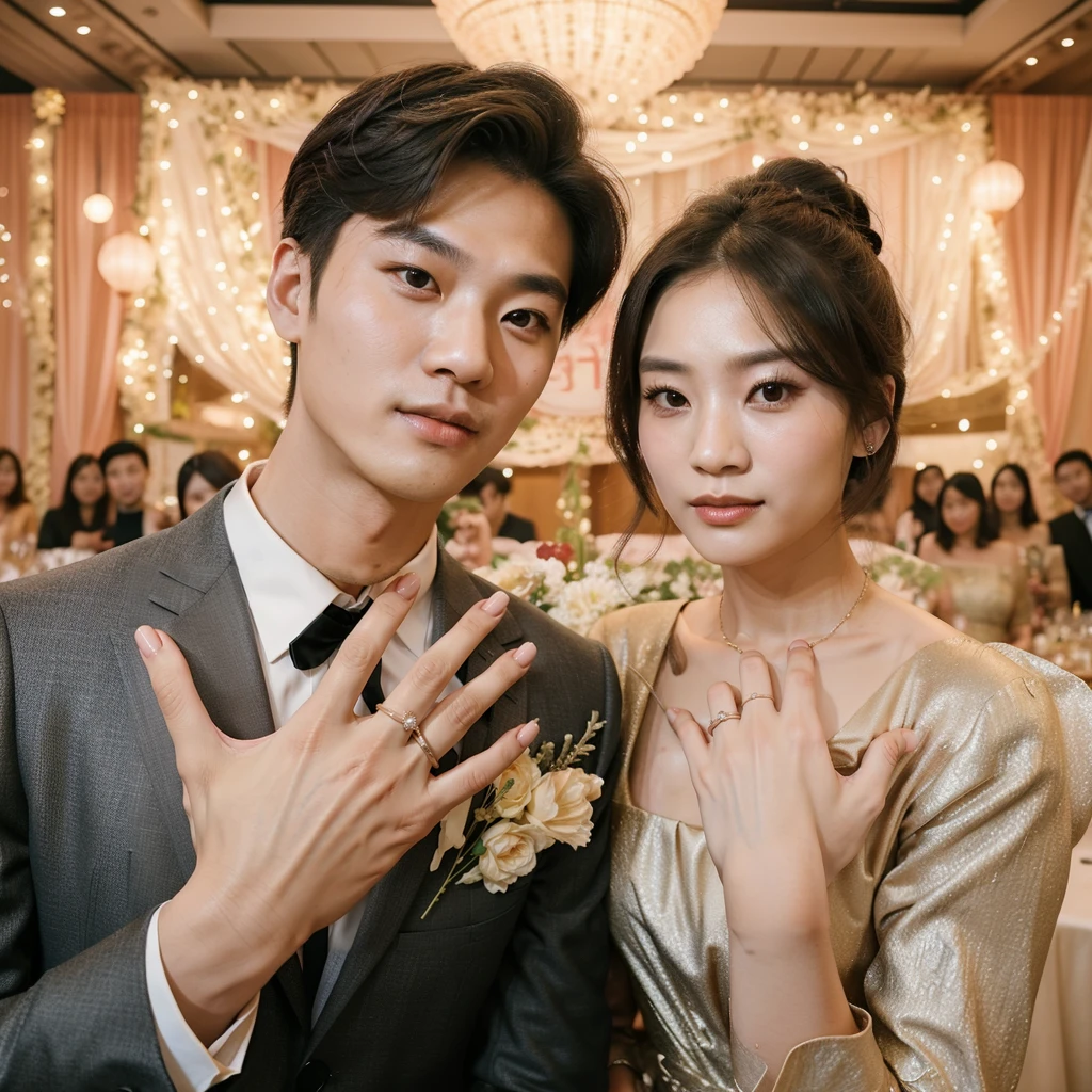 real potrait, full body, long shot, a Korean man with short hair wearing a suit, standing side by side with a woman with long hair in a bun, wear a long dress, face facing forward, they showed their fingers with their engagement rings, engagement event atmosphere, lots of festive accessories, a party room is the background