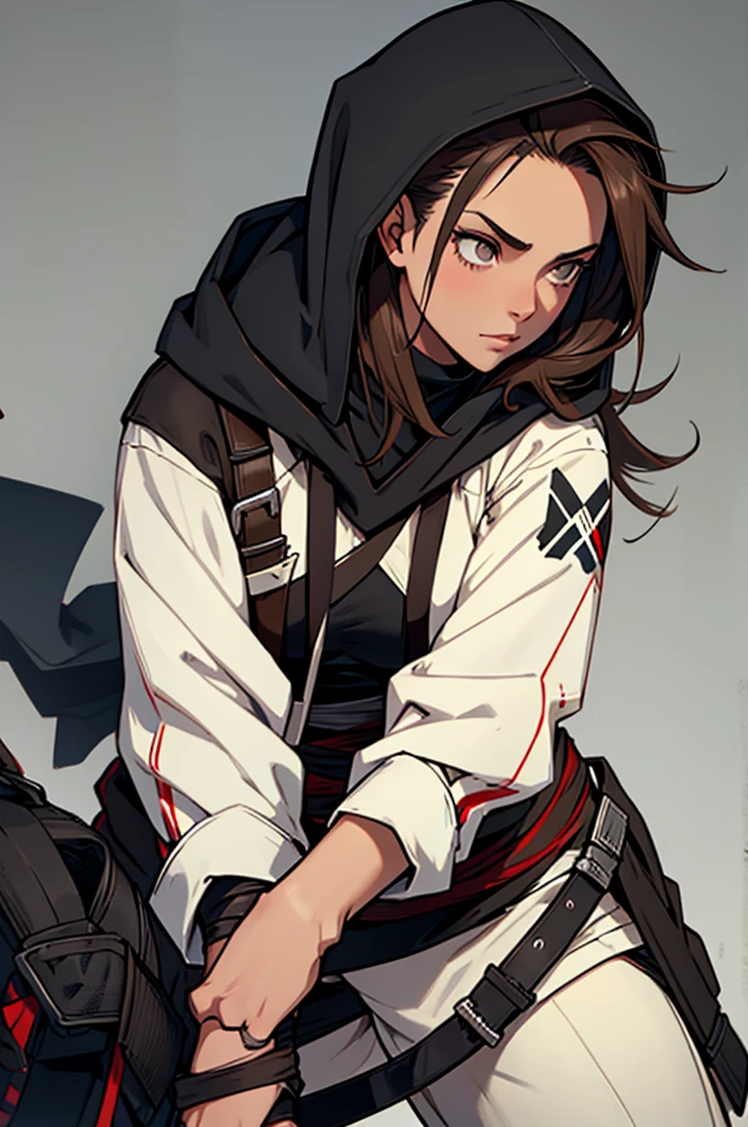 1 female, medium length brown hair with widows peak, hazel eyes, wearing all black, assassins creed shinobi with hood up, tanto