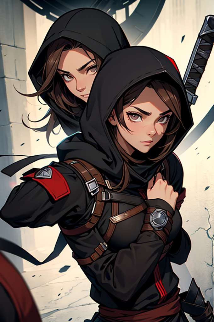 1 female, medium length brown hair with widows peak, hazel eyes, wearing all black, assassins creed shinobi with hood up, tanto