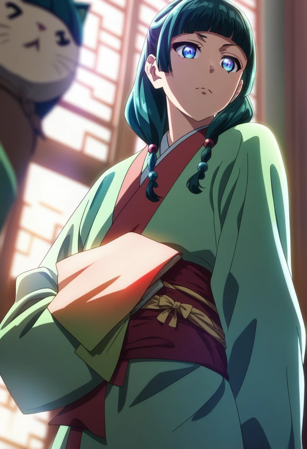 One girl, Cat, alone, Green Hair, Long Hair, blue eyes, break
blurry foreground, Bookshelf, Sealing, Mouth closed, Depth of written boundary, From below, indoor, Look down, anger, freckles, Light green Hanfu, Default attire, Chinese clothing, Long sleeve, Wide sleeves, Red too, Default hairstyle, Side Lock, Blunt bangs, Hair Beads, Hair that falls over the shoulders, Are standing, Low twin tails, break
score_9, score_8_superior, score_7_superior, score_6_superior, anime, break
(high quality, detailed, beautiful), Shiny, detailed beautiful eyes, outAre standing, Her hands and chest are tied behind her back.,Countershading, detailed soft lighting