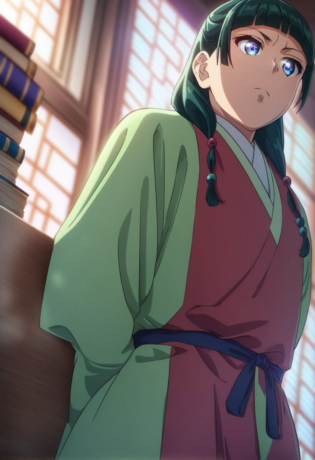 One girl, Cat, alone, Green Hair, Long Hair, blue eyes, break
blurry foreground, Bookshelf, Sealing, Mouth closed, Depth of written boundary, From below, indoor, Look down, anger, freckles, Light green Hanfu, Default attire, Chinese clothing, Long sleeve, Wide sleeves, Red too, Default hairstyle, Side Lock, Blunt bangs, Hair Beads, Hair that falls over the shoulders, Are standing, Low twin tails, break
score_9, score_8_superior, score_7_superior, score_6_superior, anime, break
(high quality, detailed, beautiful), Shiny, detailed beautiful eyes, outAre standing, Her hands and chest are tied behind her back.,Countershading, detailed soft lighting