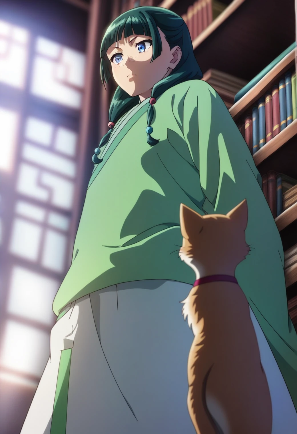 One girl, Cat, alone, Green Hair, Long Hair, blue eyes, break
blurry foreground, Bookshelf, Sealing, Mouth closed, Depth of written boundary, From below, indoor, Look down, anger, freckles, Light green Hanfu, Default attire, Chinese clothing, Long sleeve, Wide sleeves, Red too, Default hairstyle, Side Lock, Blunt bangs, Hair Beads, Hair that falls over the shoulders, Are standing, Low twin tails, break
score_9, score_8_superior, score_7_superior, score_6_superior, anime, break
(high quality, detailed, beautiful), Shiny, detailed beautiful eyes, outAre standing, Her hands and chest are tied behind her back.,Countershading, detailed soft lighting