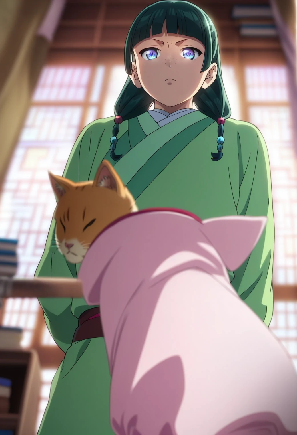 One girl, Cat, alone, Green Hair, Long Hair, blue eyes, break
blurry foreground, Bookshelf, Sealing, Mouth closed, Depth of written boundary, From below, indoor, Look down, anger, freckles, Light green Hanfu, Default attire, Chinese clothing, Long sleeve, Wide sleeves, Red too, Default hairstyle, Side Lock, Blunt bangs, Hair Beads, Hair that falls over the shoulders, Are standing, Low twin tails, break
score_9, score_8_superior, score_7_superior, score_6_superior, anime, break
(high quality, detailed, beautiful), Shiny, detailed beautiful eyes, outAre standing, Her hands and chest are tied behind her back.,Countershading, detailed soft lighting