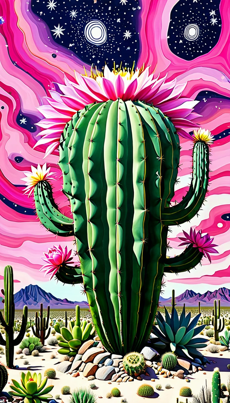 "Dick Ellescas Artist Style" Wide Desert,cactus,plant,flower,Tentacles,Eye、Starry Sky,Stitching together an abstract painting,Describing the inner world of autistic people,Sense of space,White Space,interesting,Innocence,Psychedelic Art,Pink theme