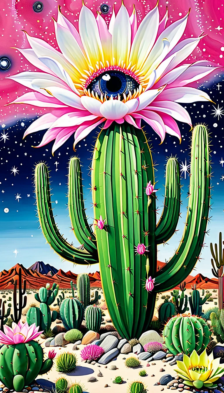 "Dick Ellescas Artist Style" Wide Desert,cactus,plant,flower,Tentacles,Eye、Starry Sky,Stitching together an abstract painting,Describing the inner world of autistic people,Sense of space,White Space,interesting,Innocence,Psychedelic Art,Pink theme