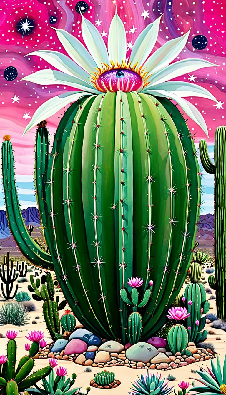 "Dick Ellescas Artist Style" Wide Desert,cactus,plant,flower,Tentacles,Eye、Starry Sky,Stitching together an abstract painting,Describing the inner world of autistic people,Sense of space,White Space,interesting,Innocence,Psychedelic Art,Pink theme