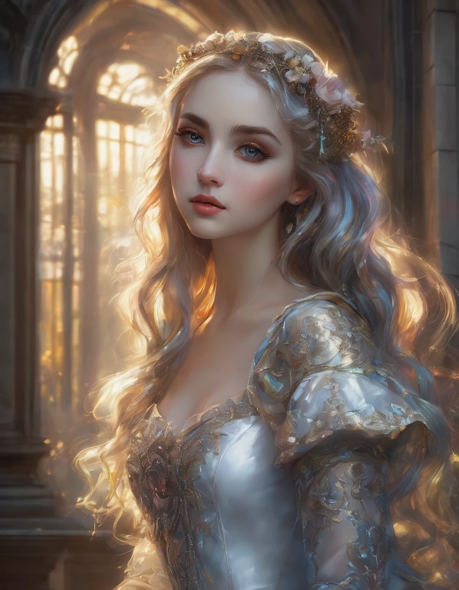 Фотореализм, кинематография, Her beautiful eyes glow , score 9,score 8 points,score 7 points,score 6 points,score 5 points,Full drawn portrait of a female figure.,yassification,beauty filter,fusion of the styles of Mike Sass and John Tenniel,against a complex background, conveying the charm of Gothic art,her iridescent hairstyle is carefully drawn, beautiful sparkling decorations,white silk dress,open shoulders,perfect lighting and composition,Oil painting,deep emotions,masterpiece with bright colors,very detailed,Best quality,ultra-realistic elaborate hairstyle,((Global Light,chiaroscuro,ray tracing): 1. 2)) Hollywood light,ray tracing,chiaroscuro,((Ultra high quality:1.5))