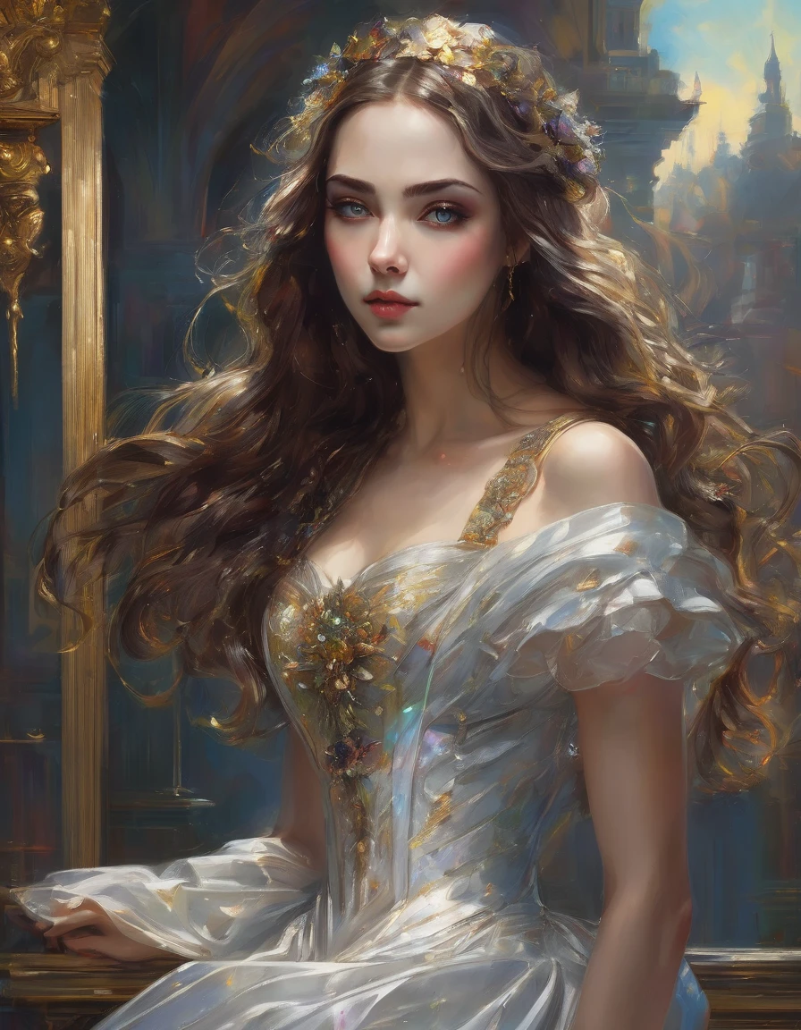 Фотореализм, кинематография, Her beautiful eyes glow , score 9,score 8 points,score 7 points,score 6 points,score 5 points,Full drawn portrait of a female figure.,yassification,beauty filter,fusion of the styles of Mike Sass and John Tenniel,against a complex background, conveying the charm of Gothic art,her iridescent hairstyle is carefully drawn, beautiful sparkling decorations,white silk dress,open shoulders,perfect lighting and composition,Oil painting,deep emotions,masterpiece with bright colors,very detailed,Best quality,ultra-realistic elaborate hairstyle,((Global Light,chiaroscuro,ray tracing): 1. 2)) Hollywood light,ray tracing,chiaroscuro,((Ultra high quality:1.5))