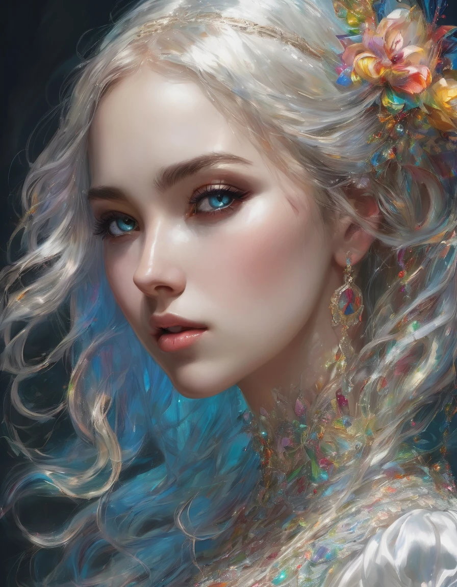 Фотореализм, кинематография, Her beautiful eyes glow , score 9,score 8 points,score 7 points,score 6 points,score 5 points,Full drawn portrait of a female figure.,yassification,beauty filter,fusion of the styles of Mike Sass and John Tenniel,against a complex background, conveying the charm of Gothic art,her iridescent hairstyle is carefully drawn, beautiful sparkling decorations,white silk dress,open shoulders,perfect lighting and composition,Oil painting,deep emotions,masterpiece with bright colors,very detailed,Best quality,ultra-realistic elaborate hairstyle,((Global Light,chiaroscuro,ray tracing): 1. 2)) Hollywood light,ray tracing,chiaroscuro,((Ultra high quality:1.5))