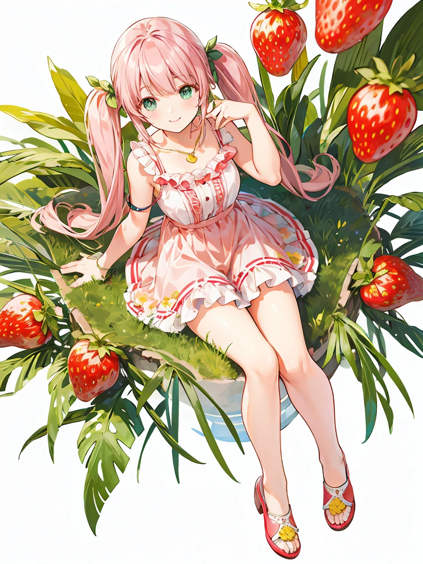 Full body ,(realistic:1.37)、Octane rendering、morning park、Strawberry set、The girl has a twin tail hairstyle and a smile.、Strawberries fall from the sky、bright colors、soft sunlight、beautiful flowers、green grass、Fun atmosphere、Quiet environment、Fine texture、bright colors、Cute shoes and accessories、he looks happy, (white background), Transparent background, looking down, ((masterpiece, illustration, best quality)) 