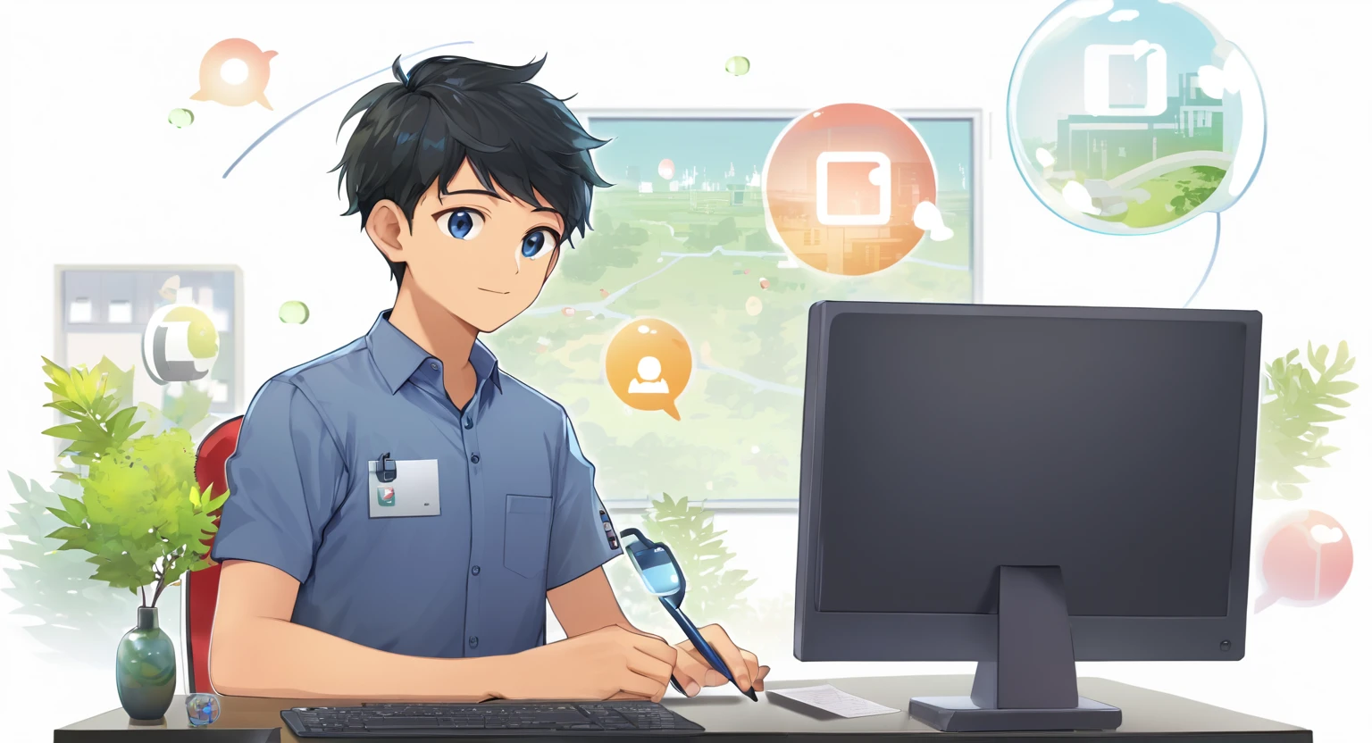 (Bangladesh)), poster image of a vibrant landscape of Bangladesh, where tradition and technology converge, a Smart Village emerges. Bangladeshi boy sitting at a desk with a computer monitor in front of them. iconographic elements that suggest a digital or office work environment, such as gears, a clock, chat bubbles, and a security lock symbol. There is also foliage to the left side of the image which adds to the decor of the setting. This image could be relevant or interesting for topics related to remote work, office settings, digital communication, or personal computer use.