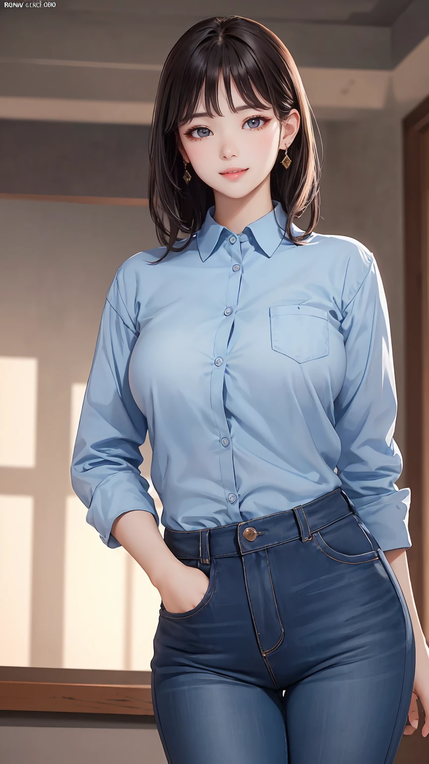 1gir,(8k, RAW photo, best quality, masterpiece:1.2),(realistic, photo-realistic:1.2),(extremely detailed CG unity 8k wallpaper),arms_behind_back,looking at viewer,standing,large breasts,cowboy_shot,(front:1.2),