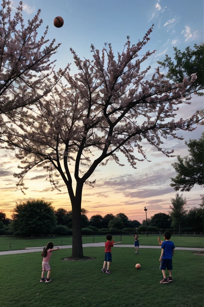 At the park, they found a peach tree and played catch under the evening sky.