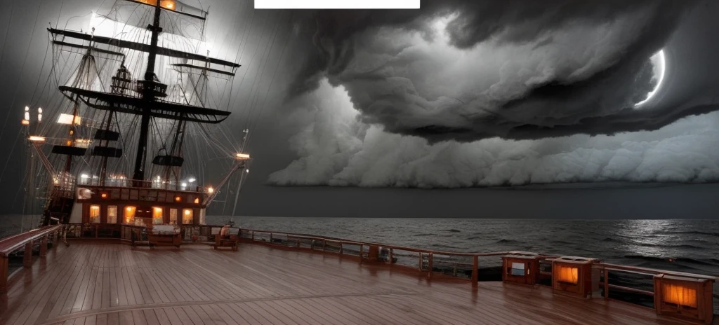 ship deck, stormy night, in an ocean, horror looking, scary, high quality