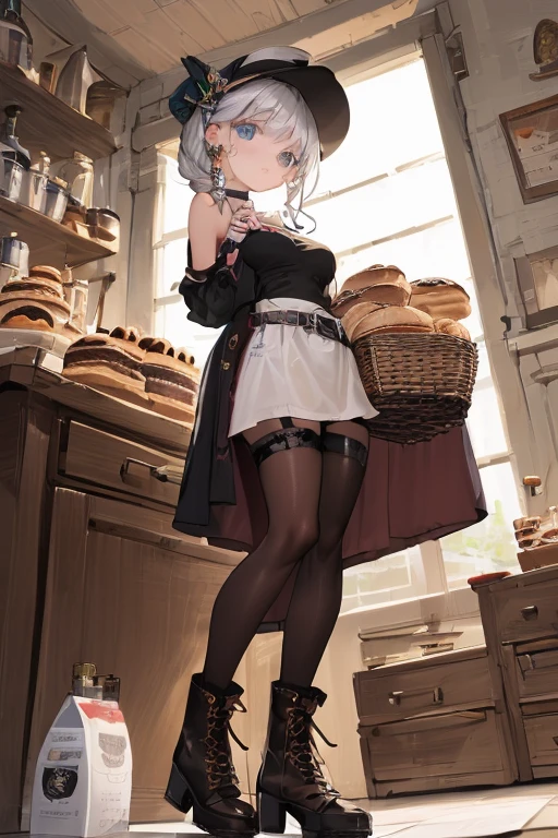 (perky chest:1.2), (pointed chest:1.2),(icecream magazine cover:1.3),(from below:1.2),(shoot from the side:1.1),(((Black Tunic:1.3))),(((cakes and bread in the basket),a 23yo Cute and beautiful girl,masterpiece、highest quality、Very detailed、Beautiful fine details、Detailed landscape、Braided Ponytail、Red camisole、((B cup breasts, Tank top showing underboob:1.0)), thigh strap, bangs, necktie, earrings, nail polish, fishnet pantyhose, silver hair, looking at viewer, full body, bottle, own hands together, belt, food, ring, choker, english text paper:1.2, collared shirt, blue eyes, hat,lace-up boots , 