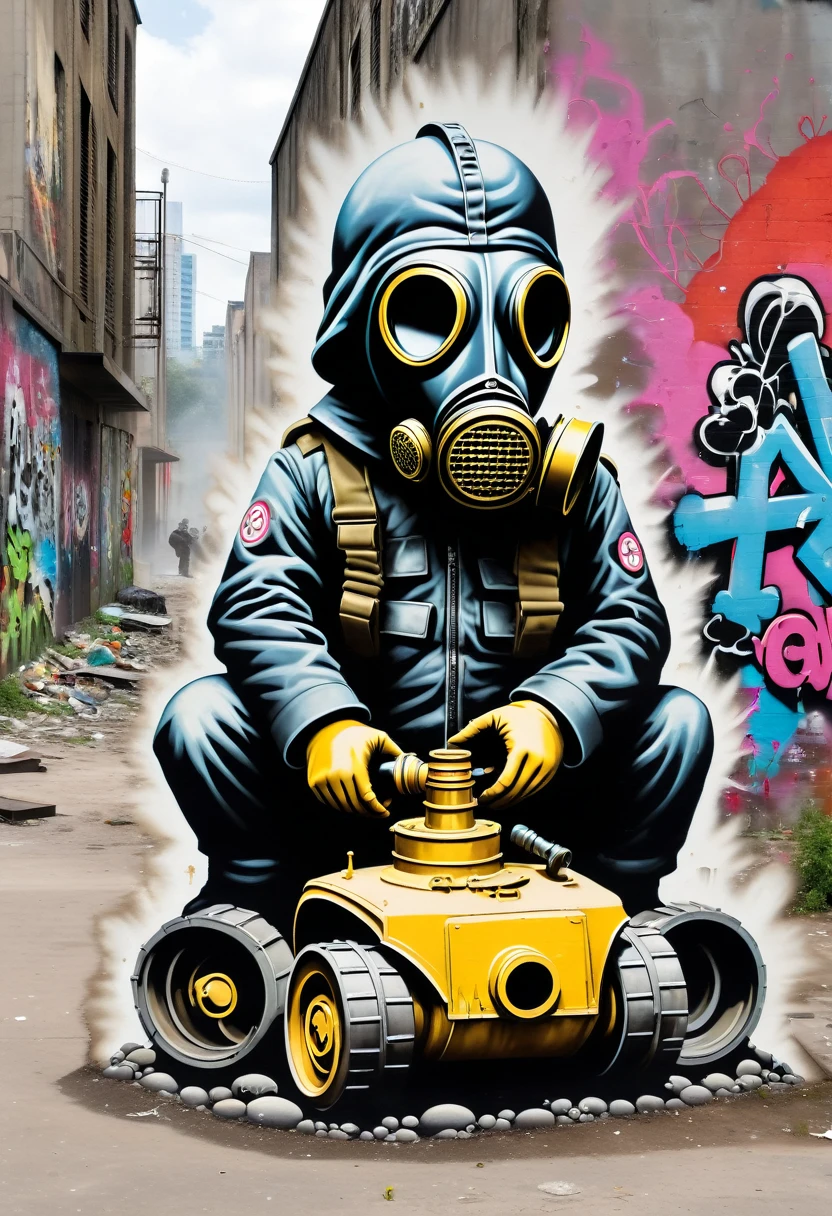 A street art scene showing a in a gas mask playing with a toy tank. The background is a distressed urban environment with cracks and graffiti, emphasizing the contrast between innocence and the harsh realities of the world, in the style of Banksy.