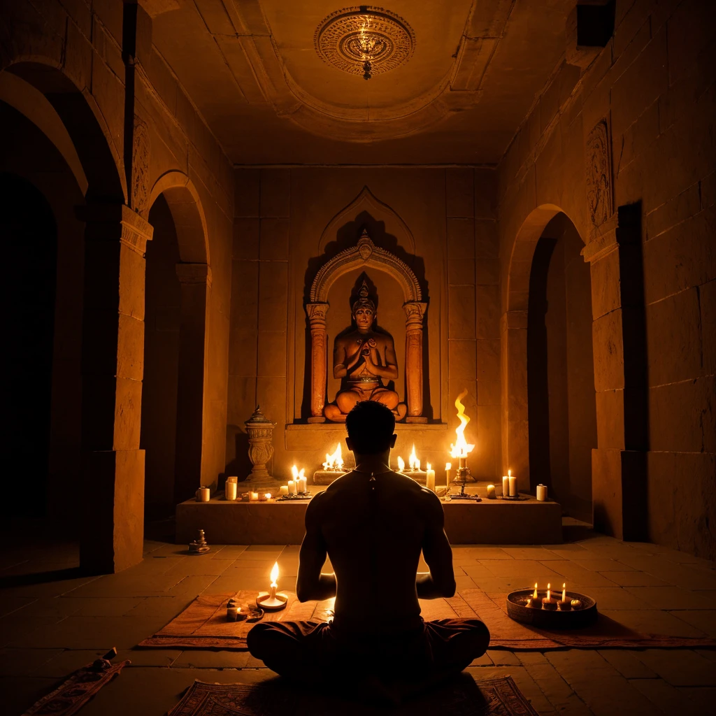 In a dark room, a 50-year-old man wearing a red cloth is sitting on the floor performing yajna at the yajna altar. Only the back of the man is visible. The dark room is dimly illuminated by the light of the sacrificial fire. On the wall in front of the manor is a statue of Hindu goddess, seated on Padmasana.