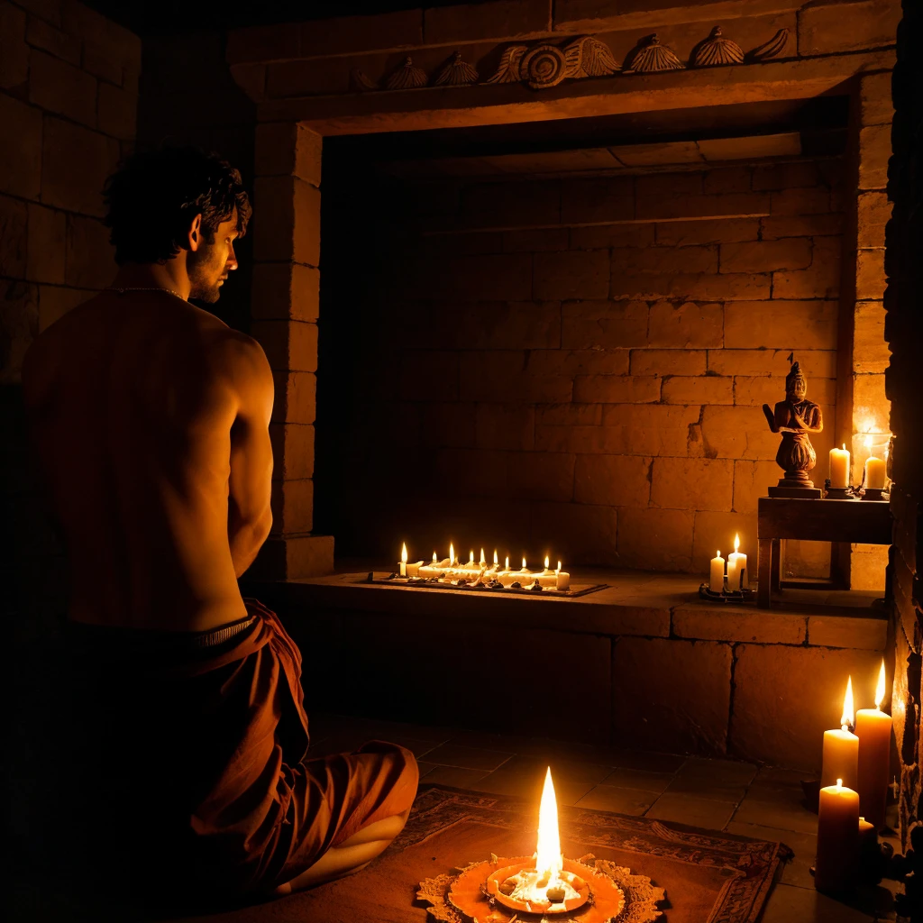 A dark room, a man sitting on the floor performing yajna at the yajna altar. The back of the man is visible. The dark room is dimly illuminated by the light of the sacrificial fire. On the wall in front of the man is a terracotta goddess, seated on Padmasana.
