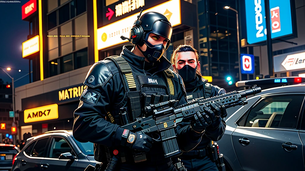 2man,heavily armed police,MaxTac, or Maximum Force Tactical Division, in "Cyberpunk 2077" are elite law enforcement units tasked with maintaining order in Night City. They are known for their advanced cybernetic enhancements, heavily armored exoskeletons, and high-tech weaponry. MaxTac operatives are highly trained and equipped to handle the most dangerous situations, often operating with ruthless efficiency to neutralize threats. They are a formidable presence in the city, feared by criminals and civilians alike for their unwavering commitment to enforcing the law.holding a gun,black helmet,cyberpunk downtown,Control the area,