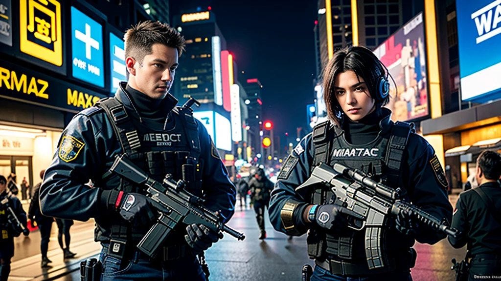 2man,heavily armed police,MaxTac, or Maximum Force Tactical Division, in "Cyberpunk 2077" are elite law enforcement units tasked with maintaining order in Night City. They are known for their advanced cybernetic enhancements, heavily armored exoskeletons, and high-tech weaponry. MaxTac operatives are highly trained and equipped to handle the most dangerous situations, often operating with ruthless efficiency to neutralize threats. They are a formidable presence in the city, feared by criminals and civilians alike for their unwavering commitment to enforcing the law.holding a gun,black helmet,cyberpunk downtown,Control the area,