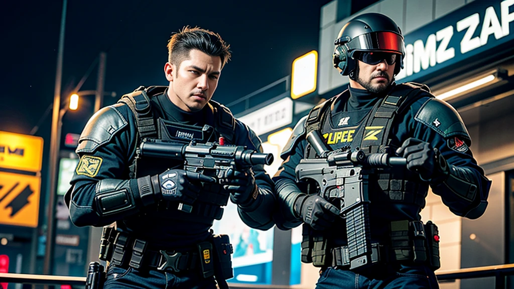 2man,heavily armed police,MaxTac, or Maximum Force Tactical Division, in "Cyberpunk 2077" are elite law enforcement units tasked with maintaining order in Night City. They are known for their advanced cybernetic enhancements, heavily armored exoskeletons, and high-tech weaponry. MaxTac operatives are highly trained and equipped to handle the most dangerous situations, often operating with ruthless efficiency to neutralize threats. They are a formidable presence in the city, feared by criminals and civilians alike for their unwavering commitment to enforcing the law.holding a gun,black helmet,cyberpunk downtown,Control the area,