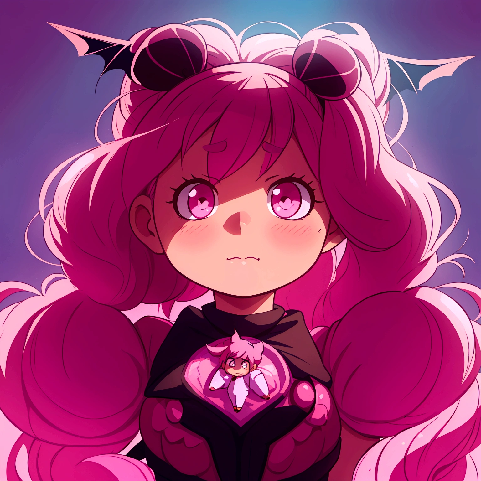 cartoon drawing of a girl with pink hair and bat wings, Coffee pits, Anime, pink hair in ponytails and pink eyes, chibi, magical girl style, chibi, portrait of a magical girl