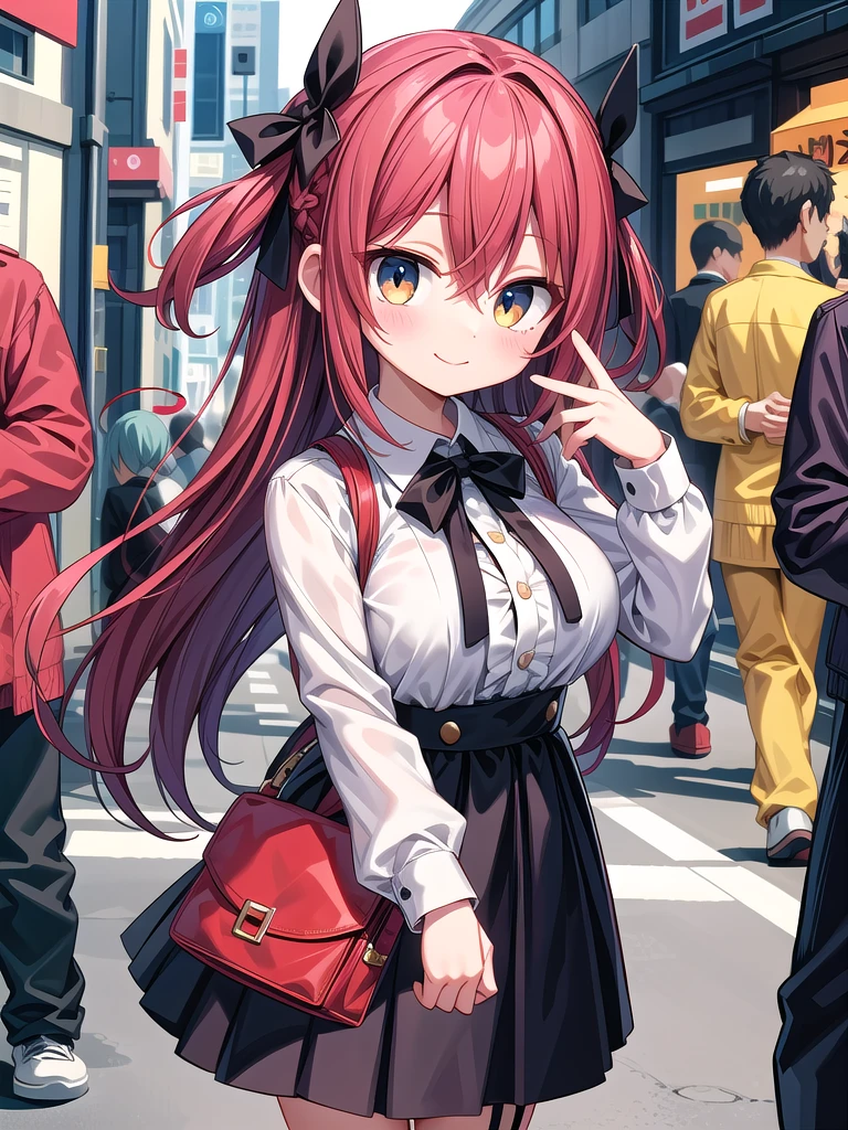 insanely detailed, absurdres, ultra-highres, ultra-detailed, best quality,
1girl, solo, nice hands, perfect hands,
BREAK
braid, shirt, holding, socks, black skirt, {{{long red hair}}}, white shirt, suspender skirt, white socks, long sleeves, ribbon, suspenders, standing, ruffles, black ribbon, bow , black bow tie, long skirt, black bow, neck ribbon, bowtie, bag
BREAK
happy smile, laugh, closed mouth, standing,
,
cute pose, cowboy shot,
BREAK
slender, kawaii, perfect symmetrical face, ultra cute girl, ultra cute face, ultra detailed eyes, ultra detailed hair, ultra cute, ultra beautiful,
BREAK
in harajuku, shibuya, tokyo, street, crowd, cityscape,
BREAK
Big breasts,
{{{Eyes RED and GOLD}}}(Ruby red long hair, red and gold eyes), hair between eyes