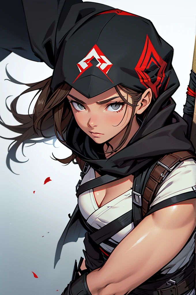 1 female, medium length brown hair with widows peak, hazel eyes, wearing all black, assassins creed shinobi with hood up, tanto