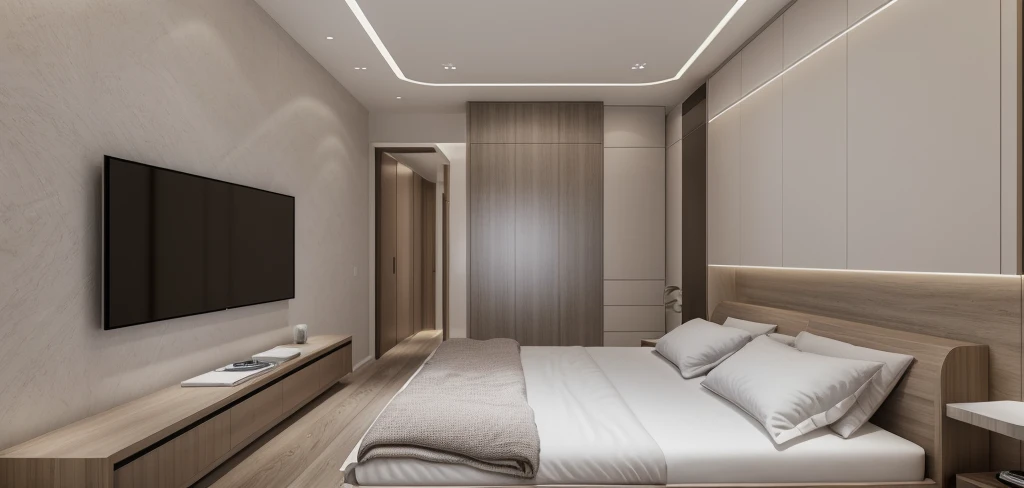 Bedroom design, Modern interior, flat walls, Glossy wood flooring, Daylight, Cinematic lighting, Dynamic lighting, Real photos taken with a professional camera, rendered by Unreal Engineer 5, high quality, 8K resolution, full HD, extremely detailed, arch daily.com, Award-winning design.