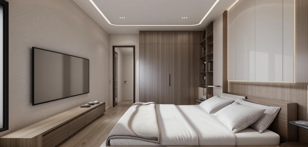 Bedroom design, Modern interior, flat walls, Glossy wood flooring, Daylight, Cinematic lighting, Dynamic lighting, Real photos taken with a professional camera, rendered by Unreal Engineer 5, high quality, 8K resolution, full HD, extremely detailed, arch daily.com, Award-winning design.