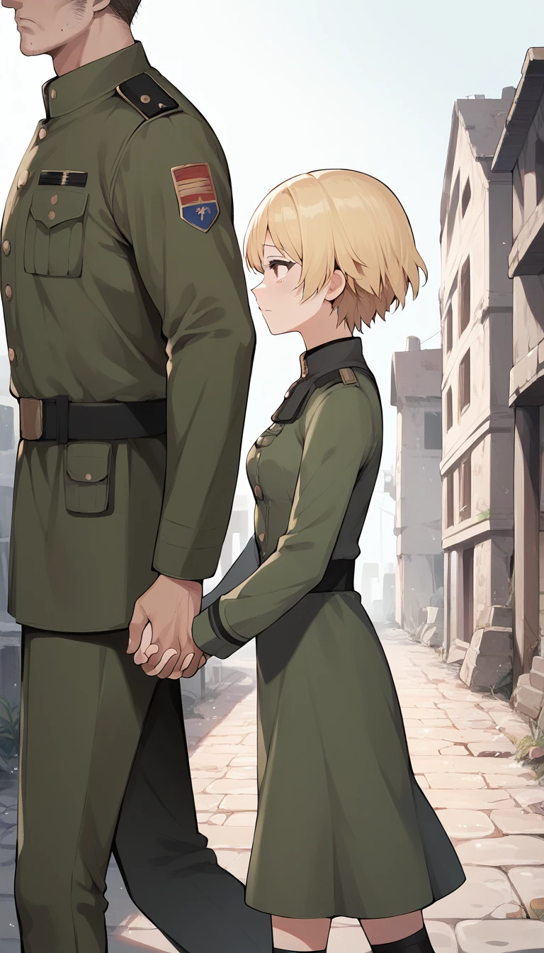 score_9, score_8_up, score_7_up, source_anime BREAK 
1girl, 14yo, _young, from side, small breasts, dirty thorned rog dress, holding hands, hand in another's hand, blonde short hair, grey eyes, sad face, town ruins, outdoors, walking, size difference, male modern military uniform, faceless male, male face out of frame