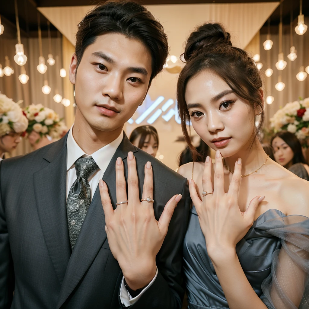 real potrait, full body, long shot, a Korean man with short hair wearing a suit, standing side by side with a woman with long hair in a bun, wear a long dress, face facing forward, they showed their fingers with their engagement rings, engagement event atmosphere, lots of festive accessories, a party room is the background