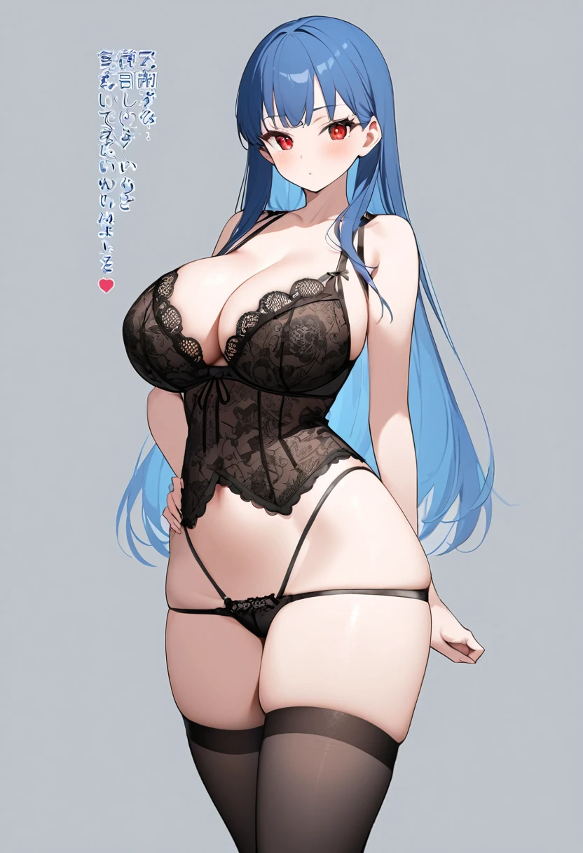 My name is Yukiko.I am a white test woman with long Sky blue hair,red eye color.I am 1.62 cm tall . My breasts measure 200 cm, my waist 40 cm and my hips 200 cm. Dressed in a set of lingerie underwear . With big breasts 200 cm
