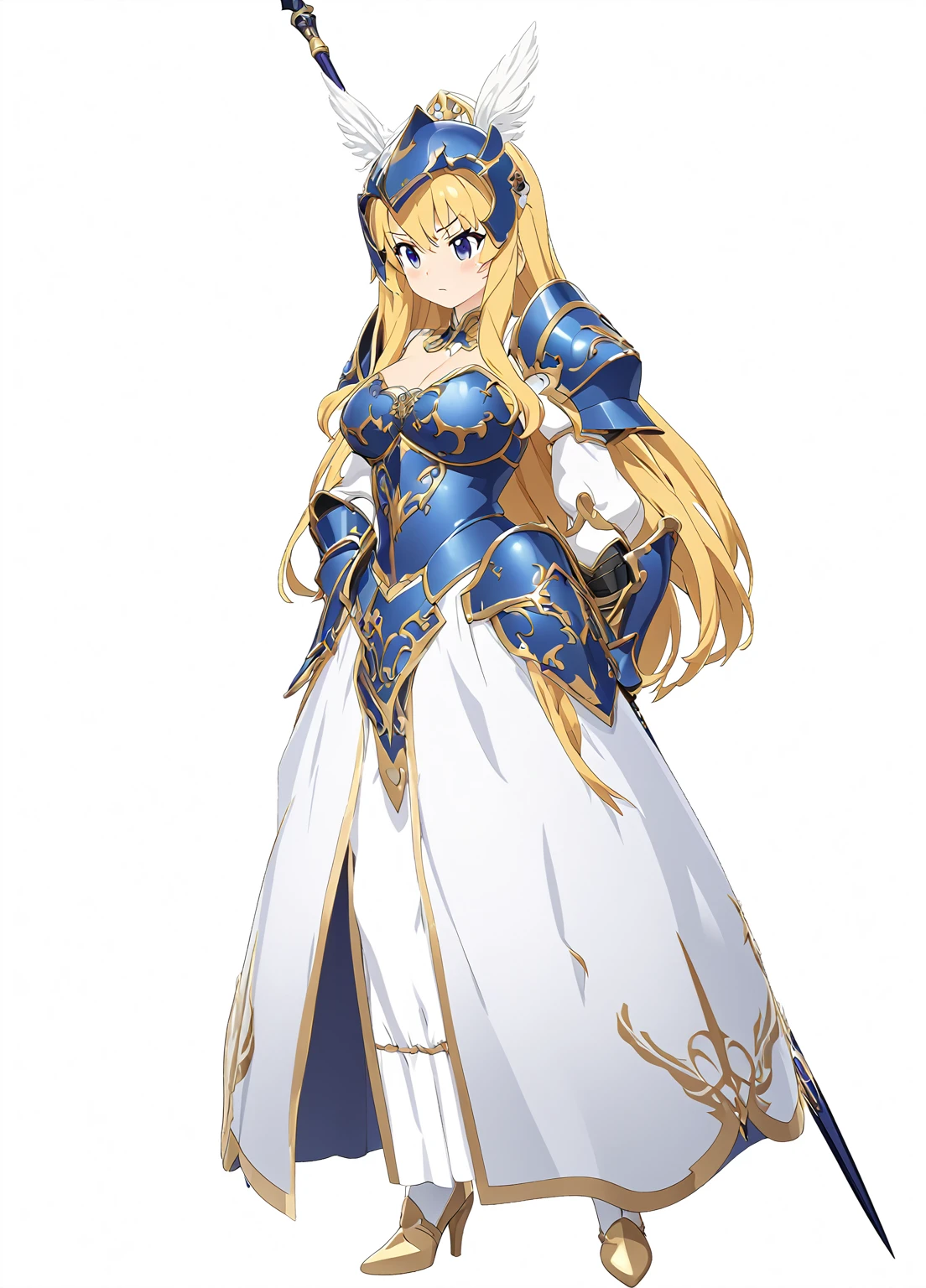Highest quality, high resolution, High quality game art style, whole body,Valkyrie,Official Art, Smooth game CG art,Cute 3D anime girl render, Visual Novel Sprites, White background,Smooth game CG art, (((Woman with a long spear))),A woman wearing a white dress and blue armor, An intricately designed helmet with white feathers,Small shield, (((Has an exquisite long spear))),Exquisite Blue Armor,Golden Hair, long hair, female knight, Rin々Shii,Don't like to think,Large Bust,17 years old,