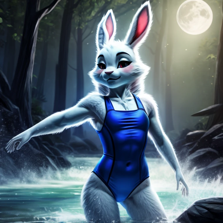 ​masterpiece: **** Alice, in the middle of the forest wearing a white bathing suit, Delicate and graceful, dancing, swirling around, in the moonlight, lovely gaze, with bunny ears, best qualityer, 8K, anime styling
