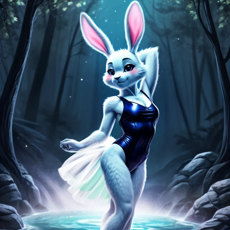 ​masterpiece: Teen Alice, in the middle of the forest wearing a white bathing suit, Delicate and graceful, dancing, swirling around, in the moonlight, lovely gaze, with bunny ears, best qualityer, 8K, anime styling
