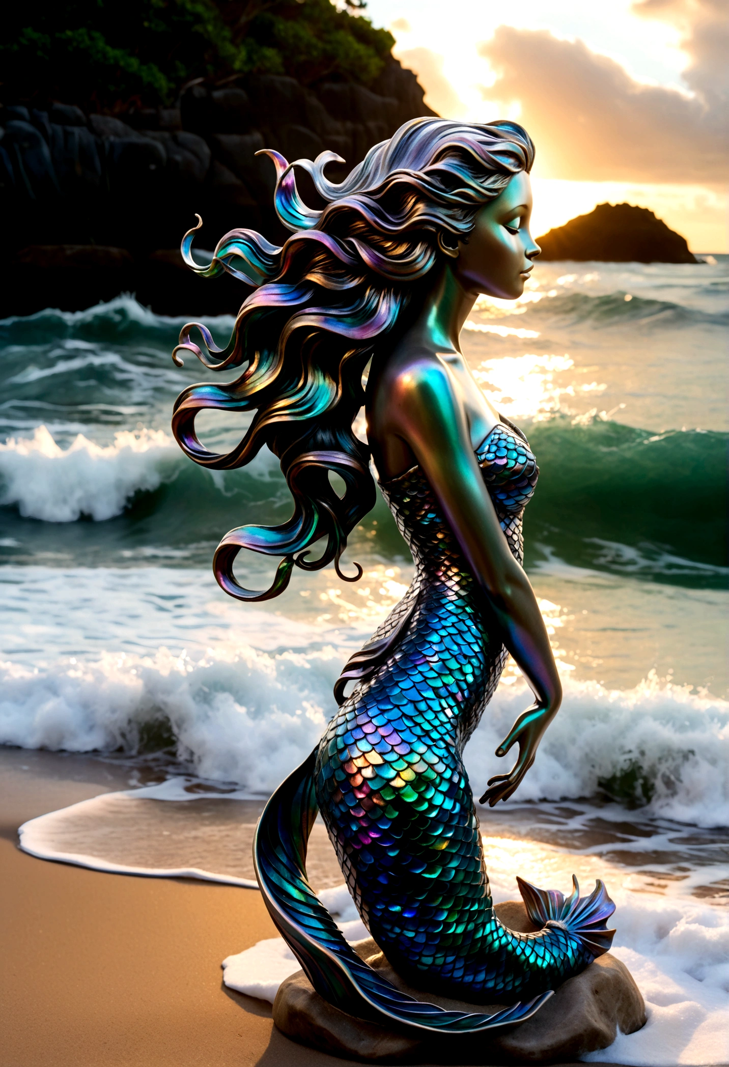 A stunning sculpture of a mermaid gracefully emerging from the ocean waves, her hair cascading in intricate curls and her tail shimmering with iridescent scales.