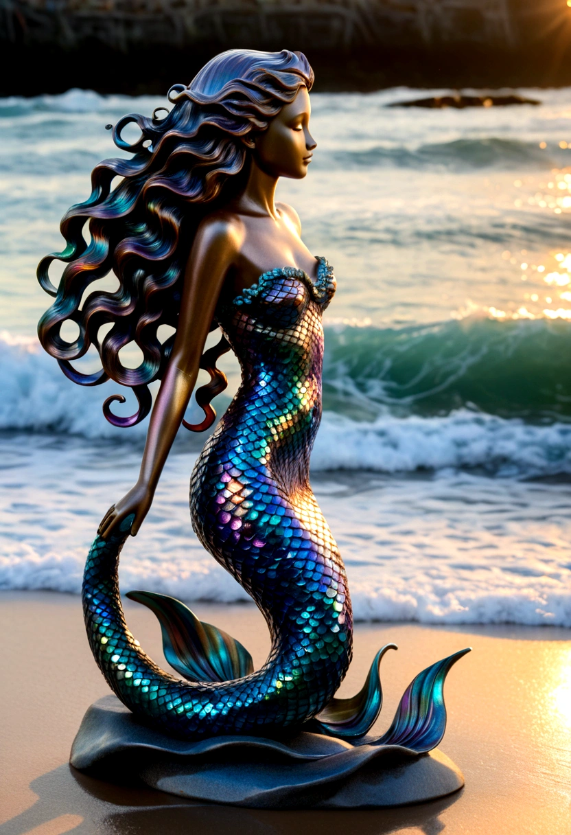 A stunning sculpture of a mermaid gracefully emerging from the ocean waves, her hair cascading in intricate curls and her tail shimmering with iridescent scales.