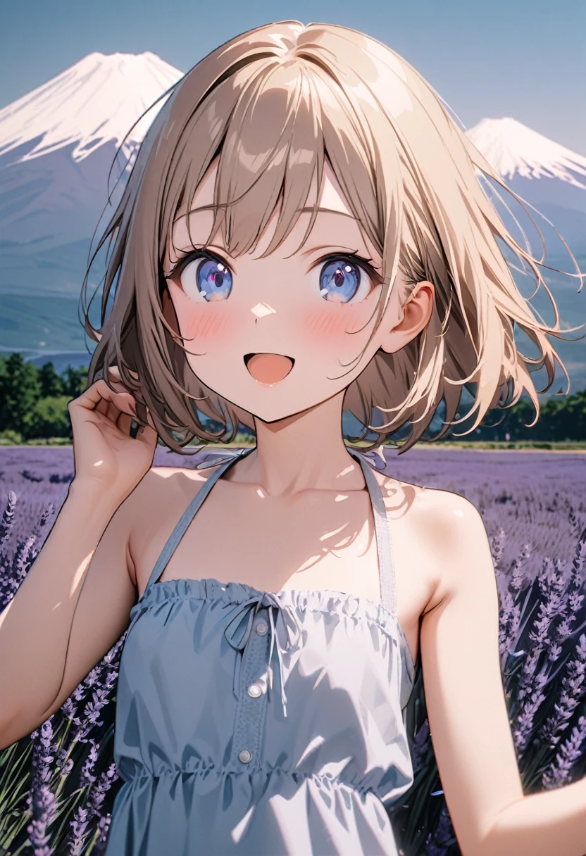 1 girl, 18yo, (flat chest: 1.5), blue eyes, light brown hair, bob cut, summer outfit, smile, open mouth, Lavender fields, big Lake, Mt. Fuji, upper body, bule sky, 8k, RAW photo, best quality, masterpiece, extremely detailed 8k wallpaper, ultra-detailed, best shadow, detailed background, beautiful detailed face, beautiful detailed eyes, nice hands, perfect hands