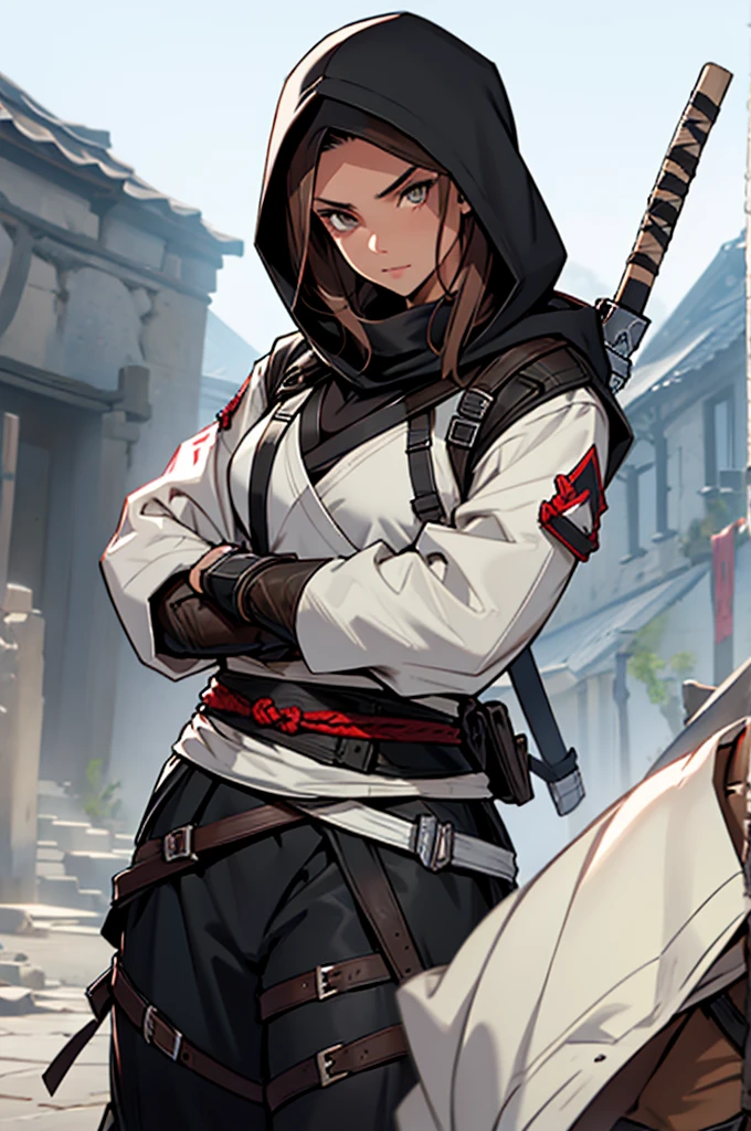 1 female, medium length brown hair with widows peak, hazel eyes, wearing all black, assassins creed shinobi with hood up, tanto