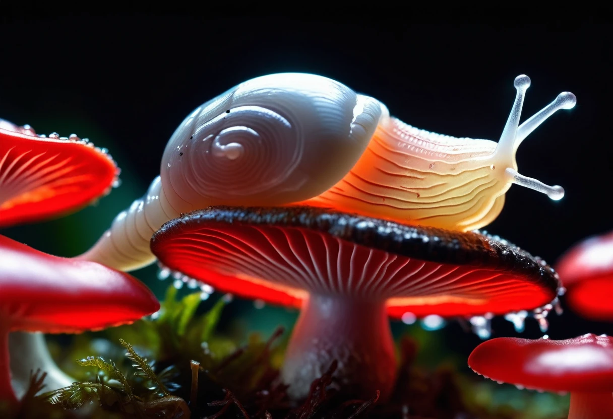 slimy translucent (slug crawling on top) of red and white mushroom, cinematic lighting, insane details, hyperrealistic extreme closeup macro photography, 64 megapixel DSLR