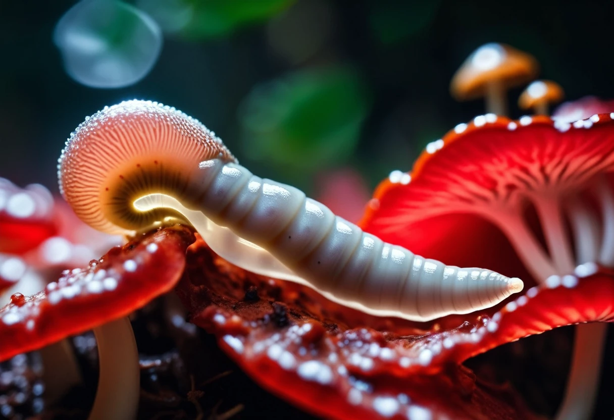 slimy translucent (slug crawling on top) of red and white mushroom, cinematic lighting, insane details, hyperrealistic extreme closeup macro photography, 64 megapixel DSLR