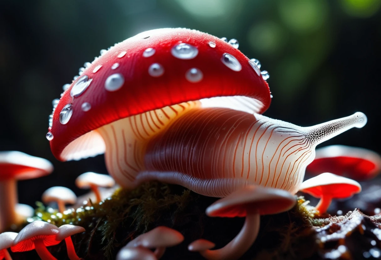 slimy translucent (slug crawling on top) of red and white mushroom, cinematic lighting, insane details, hyperrealistic extreme closeup macro photography, 64 megapixel DSLR