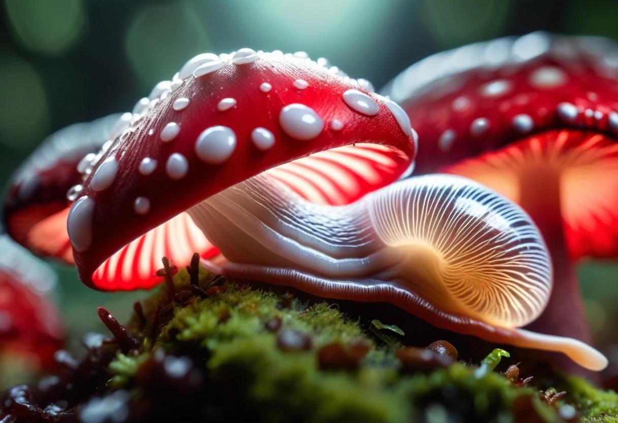 slimy translucent (slug crawling on top) of red and white mushroom, cinematic lighting, insane details, hyperrealistic extreme closeup macro photography, 64 megapixel DSLR