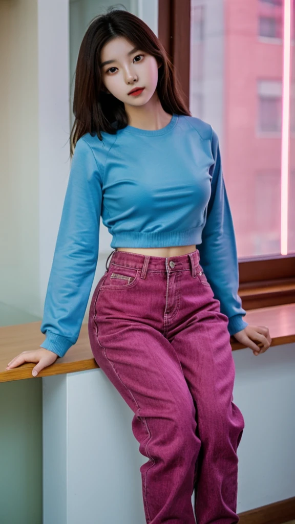 Beautiful Korean girl wearing a light blue  long-sleeved shirt wearing tight pink jeans