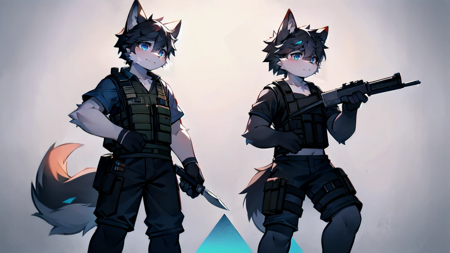 White Wolf,male,juvenile,Two people,black hair,Sky blue eyes,hairy,Hair,Wolf ears,Wolf Tail,Handsome,masterpiece,Soldier,,Black bulletproof vest,Brown tactical ammunition rack,arm,Red neck bib,Short sleeve,shorts,Half a leg exposed,paw,Red meat pads,Short knife in hand,Military daggeghting Stance,Full body portrait,Highest quality,8K,Simple background