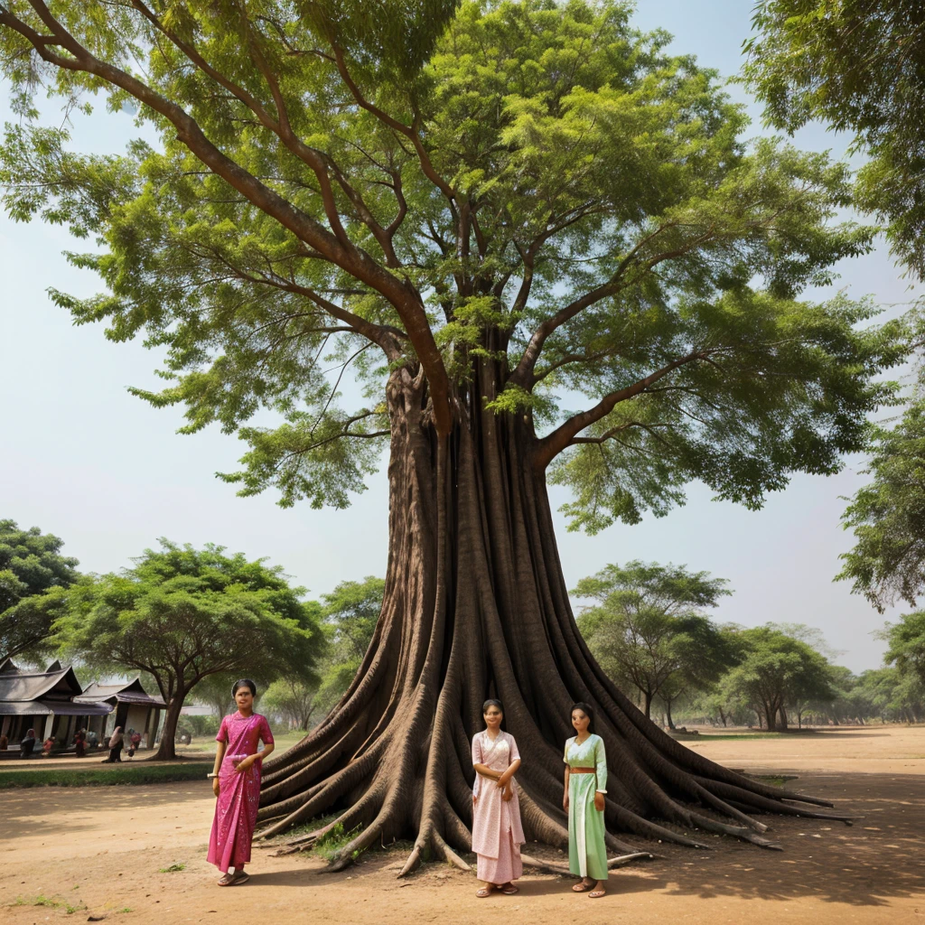 A Big flamboyant tree, Several Myanmar beautiful girl are standing near that tree